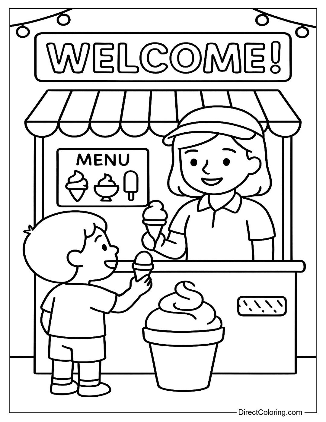 Coloring page of an ice cream shop with a simple menu, seller and kid buying